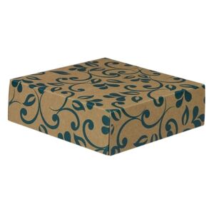 Darčeková krabička 100x100x35/35 mm, hnedá so vzorom na veku, modré lístky