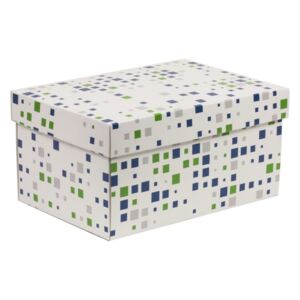 Darčeková krabica s vekom 300x200x150/40 mm, VZOR - KOCKY zelená/modrá