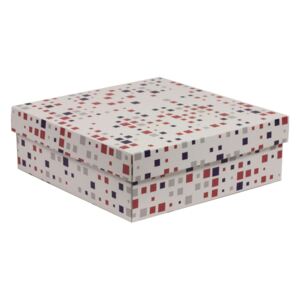 Darčeková krabica s vekom 300x300x100/40 mm, VZOR - KOCKY fialová/koralová