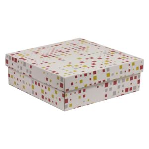 Darčeková krabica s vekom 300x300x100/40 mm, VZOR - KOCKY koralová/žltá