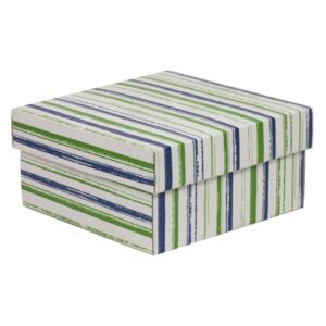 Darčeková krabička s vekom 200x200x100/40 mm, VZOR - PRUHY zelená/modrá