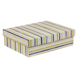 Darčeková krabica s vekom 350x250x100/40 mm, VZOR - PRUHY modrá/žltá