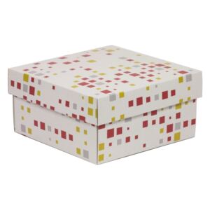 Darčeková krabička s vekom 200x200x100/40 mm, VZOR - KOCKY koralová/žltá