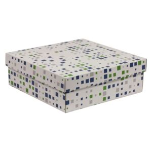 Darčeková krabica s vekom 300x300x100/40 mm, VZOR - KOCKY zelená/modrá