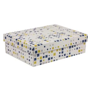 Darčeková krabica s vekom 350x250x100/40 mm, VZOR - KOCKY modrá/žltá