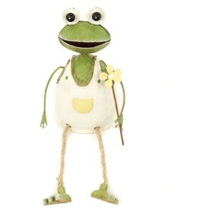 Sediaca žaba, kovová dekorácia, nohy zo špagátu