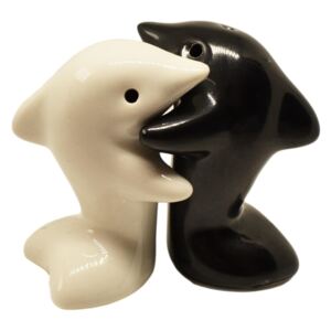 Soľnička a korenička objímajúce sa Delfíny (Delfíny biely a čierny)