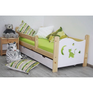 Detská posteľ so zábranou MICI s prírodným úložným priestorom + matrac + rošt ZDARMA, borovica/biela, 160x70 cm