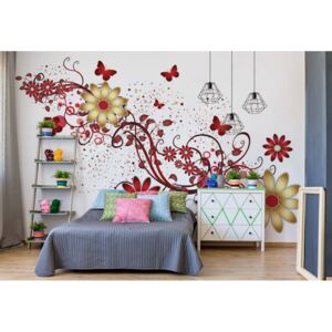 Fototapeta - Modern Design Red And Yellow Flowers And Butterflies Papírová tapeta - 184x254 cm
