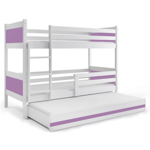 Poschodová posteľ BALI 3 + matrac + rošt ZADARMO, 190x80 cm, biely/fialový