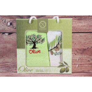 Kuchynské utierky v darčekovom balení OLIVE-NILTEKS (2 ks 30x50 cm) - zeleno-krémový