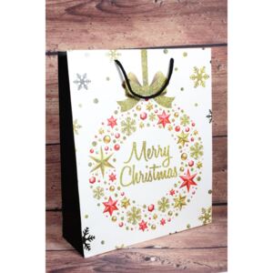 Darčeková taška "MERRY CHRISTMAS" - zlaté a červené hviezdy (25,5x32x10 cm)