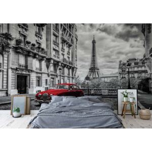 Fototapeta - Black And White Red Car Paris Papírová tapeta - 368x280 cm