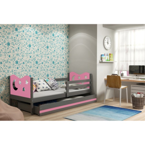 Detská posteľ KAMIL + matrace + rošt ZADARMO, 80x190 cm, grafit, ružová
