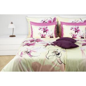 Glamonde luxusné saténové obliečky Ornella , ktorých krémovožltý podklad je doplnený fialovými Orchideami 140×220 cm