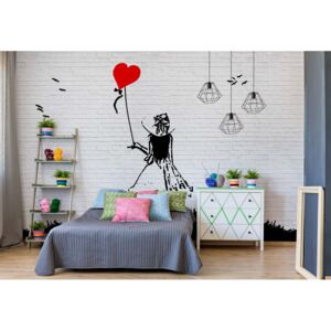 Fototapeta GLIX - Brick Wall Graffiti Girl And Heart Balloon + lepidlo ZADARMO Vliesová tapeta - 254x184 cm