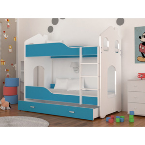 Detská posteľ PATRIK Domek + matrac + rošt ZADARMO, 160x80 cm, biela/modrá