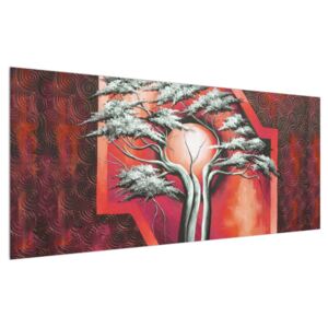 Orientálny červený obraz stromu a slnka (120x50 cm)