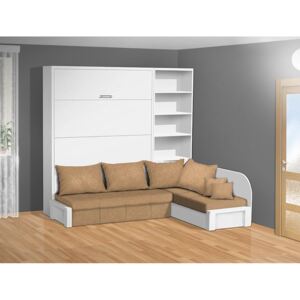Sklápacia posteľ s rohovou pohovkou VS 3075P - 200x140 cm štandardná nosnosť, farba lamina: biela 113, farba pohovky: nubuk 133 caramel