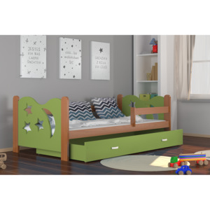 Detská posteľ MICKEY + matrac + rošt ZADARMO, 160x80 cm, olcha/zelená