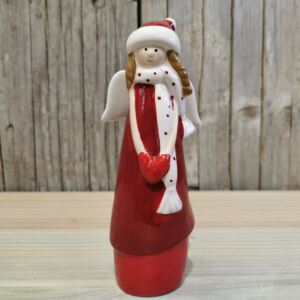 Vianočný anjel s čiapkou keramicky bielo červený