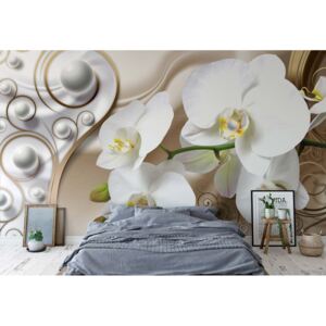 Fototapeta - 3D Ornamental Swirl Design Flowers Orchids Vliesová tapeta - 254x184 cm