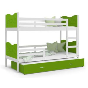 Detská poschodová posteľ s prístelkou MAX Q - 190x80 cm - zeleno-biela - vláčik