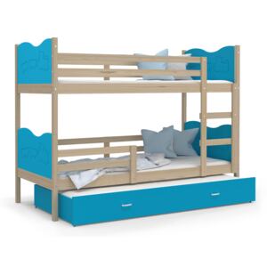 Detská poschodová posteľ s prístelkou MAX Q - 190x80 cm - modrá / borovica - vláčik