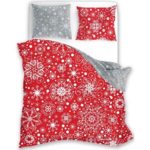 Obojstranné červeno sivé bavlnené posteľné obliečky so snehovými vločkami Červená