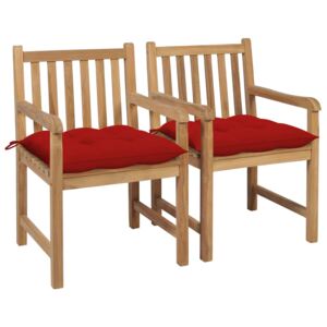 Záhradné stoličky 2 ks červené podložky tíkový masív