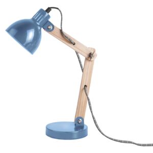 LEITMOTIV Stolná modrá lampa s dreveným ramenom Olge