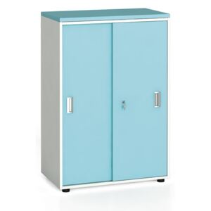 Kancelárska skriňa zasúvacie dvere, 1087 x 800 x 420 mm, biela / azúrová