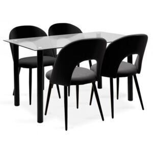 Jedálenský set Janet - 4x stolička, 1x stôl (sklo, čierna)
