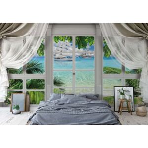 Fototapeta - 3D Door View Tropical Island Beach Vliesová tapeta - 254x184 cm