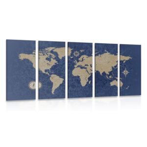 5-dielny obraz mapa sveta s kompasom v retro štýle na modrom pozadí