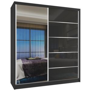 Čierna šatníková skriňa s čiernymi dverami so zrkadlom a pásikmi šírka 133 cm - Bez dojezdu