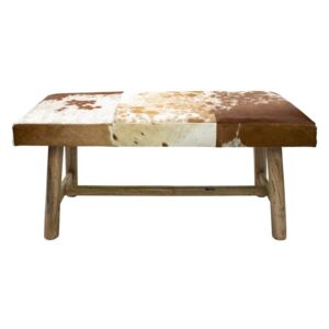 Drevená lavica s koženým sedadlom Cowny biela / hněda - 95 * 40 * 45cm