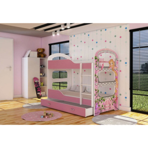 Detská posteľ PATRIK 2 + matrac + rošt ZADARMO, biela/ružová-vzor LOCIKA, 160x80 cm