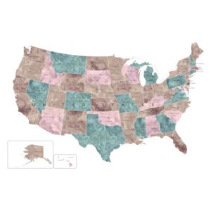 Mapa Muted watercolor map of the US with state capitals, Blursbyai
