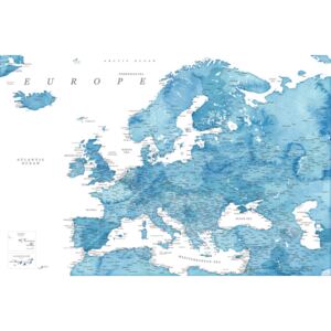 Mapa Detailed map of Europe in blue watercolor, Blursbyai