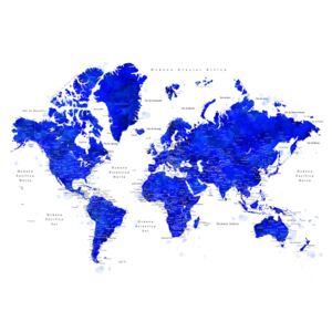 Mapa World map with labels in Spanish, cobalt blue watercolor, Blursbyai