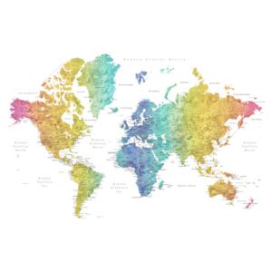 Mapa World map with labels in Spanish, rainbow watercolor, Blursbyai