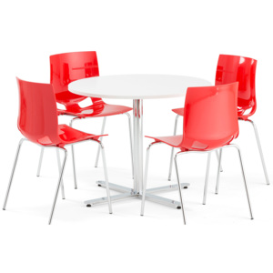 Jedálenská zostava: stôl Tilo + 4 červené stoličky Juno