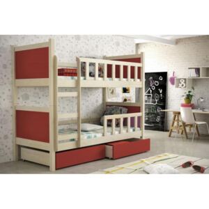 Detská poschodová posteľ Pastel, prírodná / červená + MATRACE