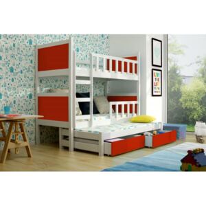 Detská posteľ pre 3 deti Paris, biela / červená + MATRACE