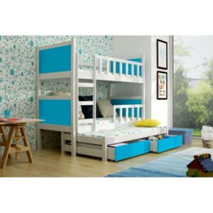Detská posteľ pre 3 deti Paris, biela / modrá + MATRACE