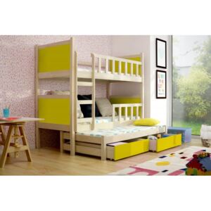 Detská posteľ pre 3 deti Paris, prírodné / žltá + MATRACE