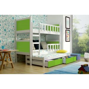 Detská posteľ pre 3 deti Paris, biela / zelená + MATRACE