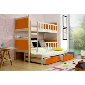 Detská posteľ pre 3 deti Paris, prírodná / oranžová + MATRACE