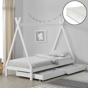 [en.casa] Detská posteľ "Teepee" AAKB-8723 90x200 cm biela s matracom a roštom